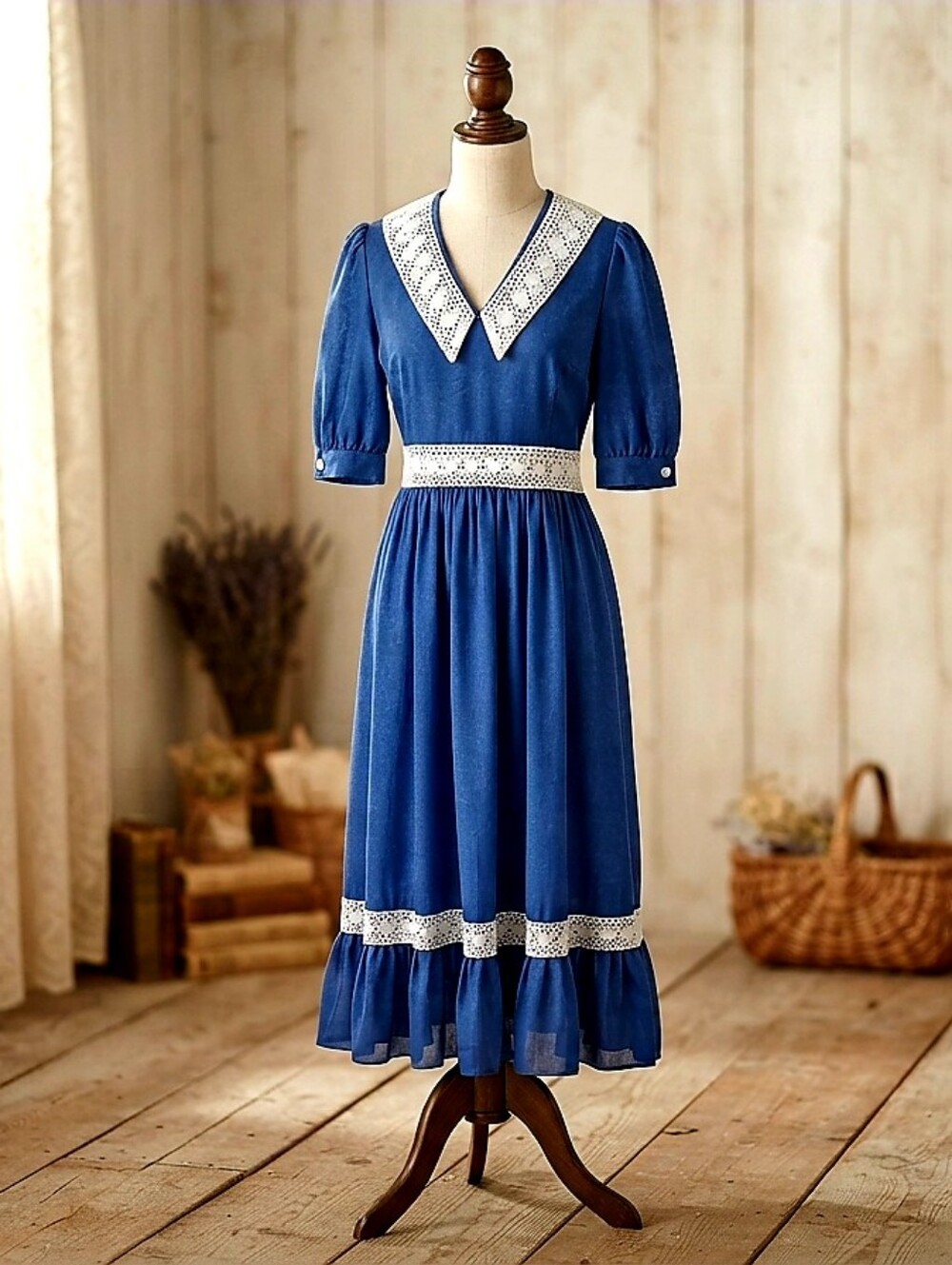 🌸 The "Blue Bayou" Cottagecore Vintage Style Maxi Dress with Lace Trim